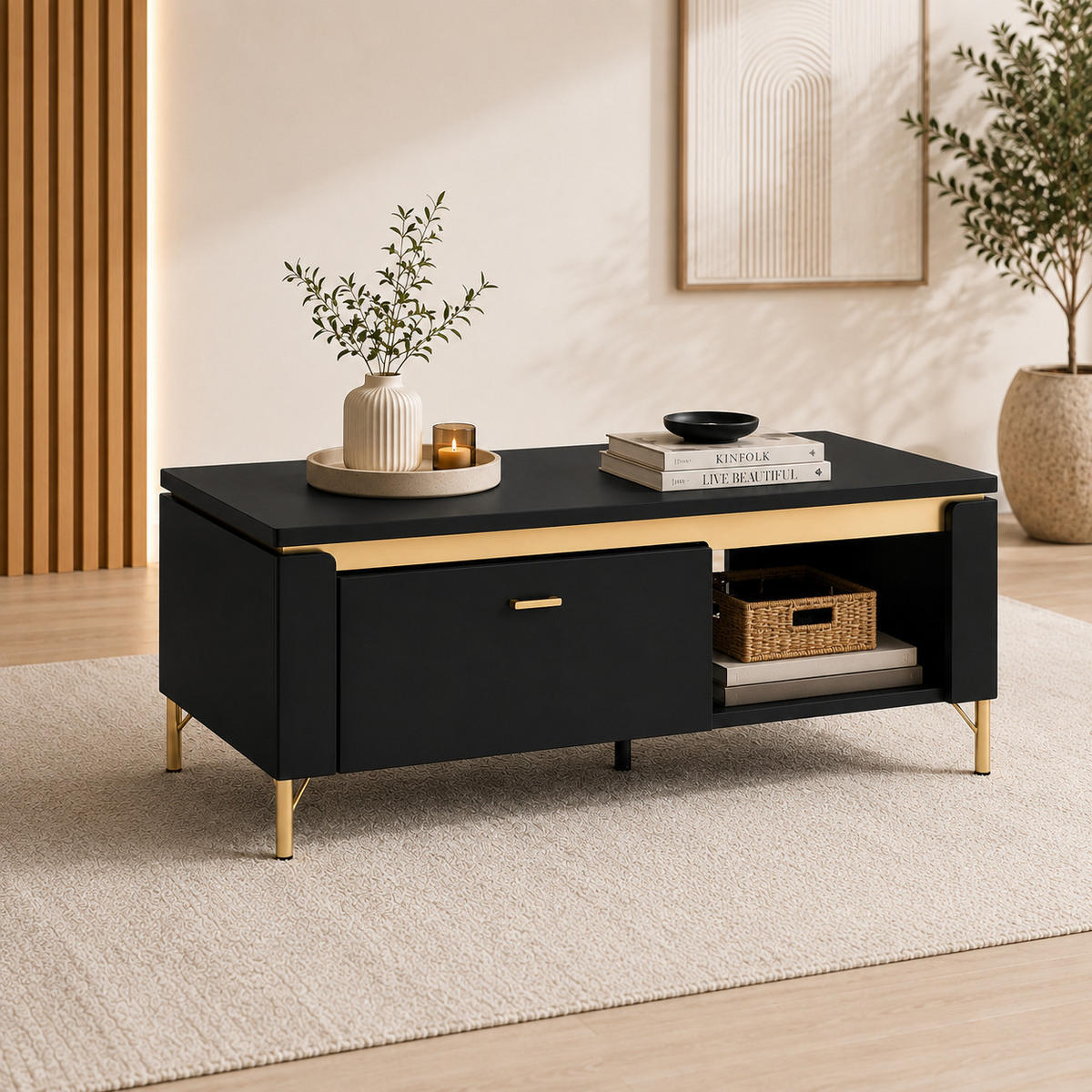 COUCHTISCH rechteckig Schwarz matt - Gold mit Staufach und Ablage - Goldfarben/Schwarz, Holzwerkstoff (65/110.04/46cm) - designimpex