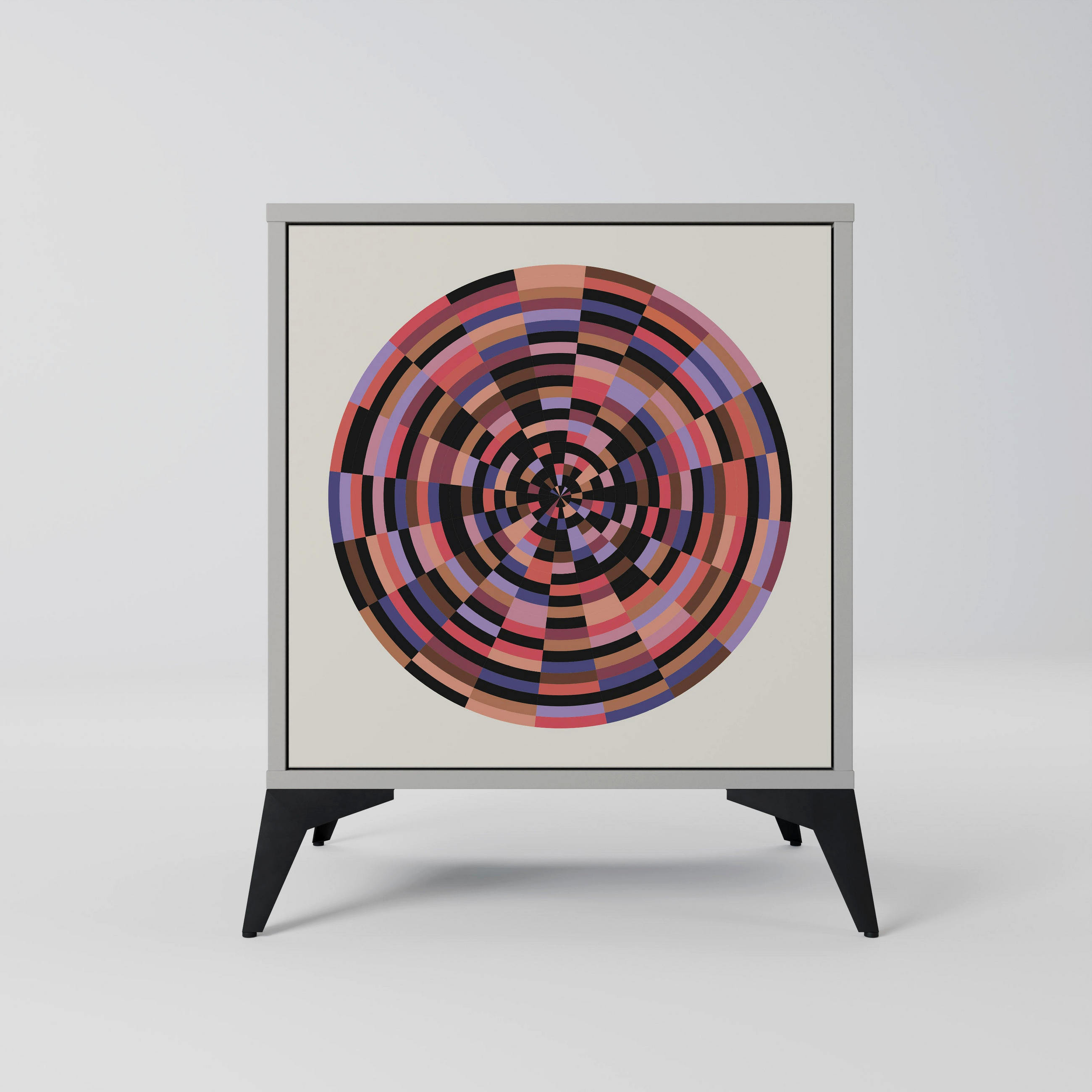 SIDEBOARD BROWN CIRCLES, Grau, 57,5x42x70,5 cm, Schwarze Metall-Sternfüße - Multicolor/Schwarz, Holzwerkstoff/Metall (57.5/70.5/42cm) - SpaceRebels
