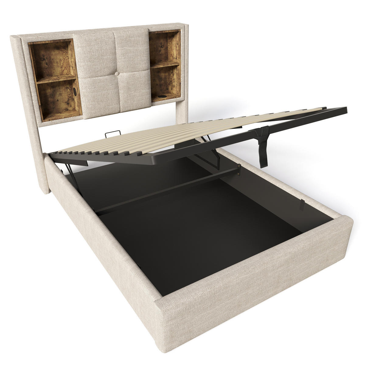 POLSTERBETT 90/200 cm aus Leinen mit kabelloser Ladefunktion, USB-C, Bettkasten und Matratze, Natur - Naturfarben, Textil (90/200cm) - Redom