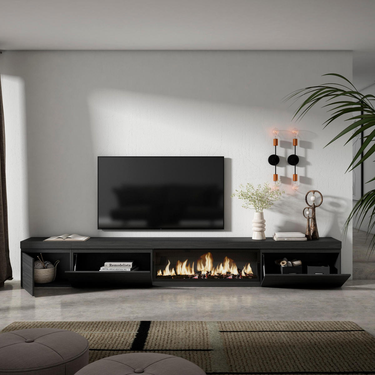 TV-SCHRANK Elektrokamin XXL, schwarz, 317/35/45cm - Schwarz, Holzwerkstoff (317/45/35cm) - Skraut Home