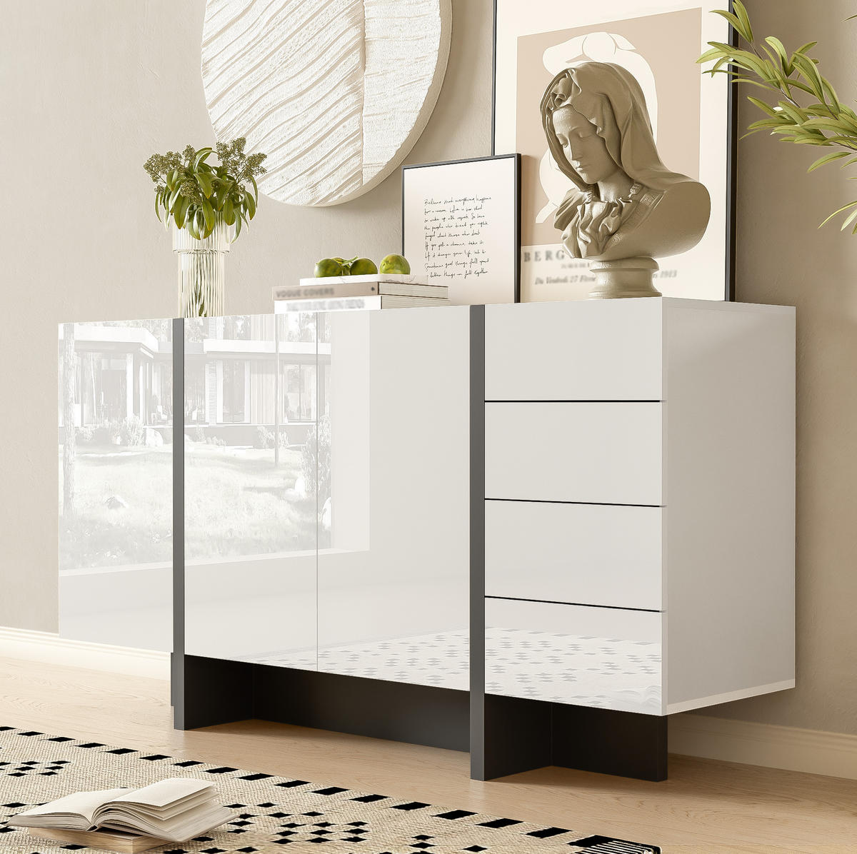 SIDEBOARD 150/40/80,5 cm in Weiß/Schwarz mit 2 Türen und 4 Schubladen - Weiß, Holzwerkstoff (150/80.5/40cm) - Flora Grace