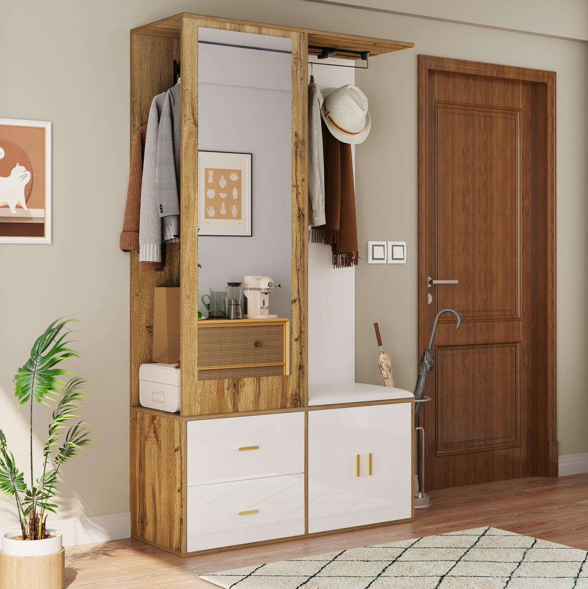 SCHUHSCHRANK 100/38/180 cm in Weiß und Natur mit Spiegel und Schuhschrank - Naturfarben, Holzwerkstoff (100/180/38cm) - Flora Grace