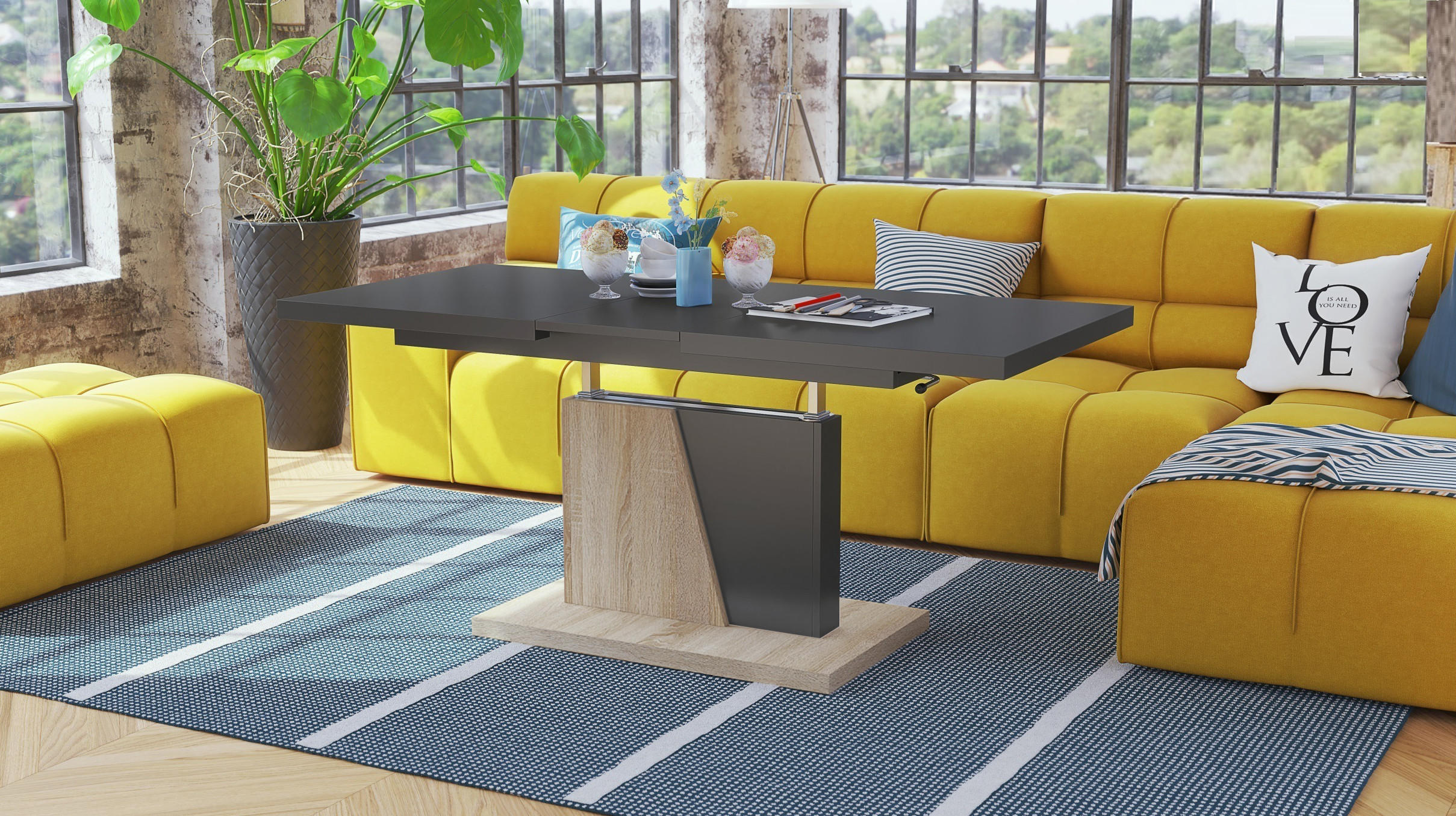 COUCHTISCH rechteckig Anthrazit matt - Sonoma ausziehbar höhenverstellbar - Anthrazit/Sonoma Eiche, Holzwerkstoff (70/120/60cm) - designimpex