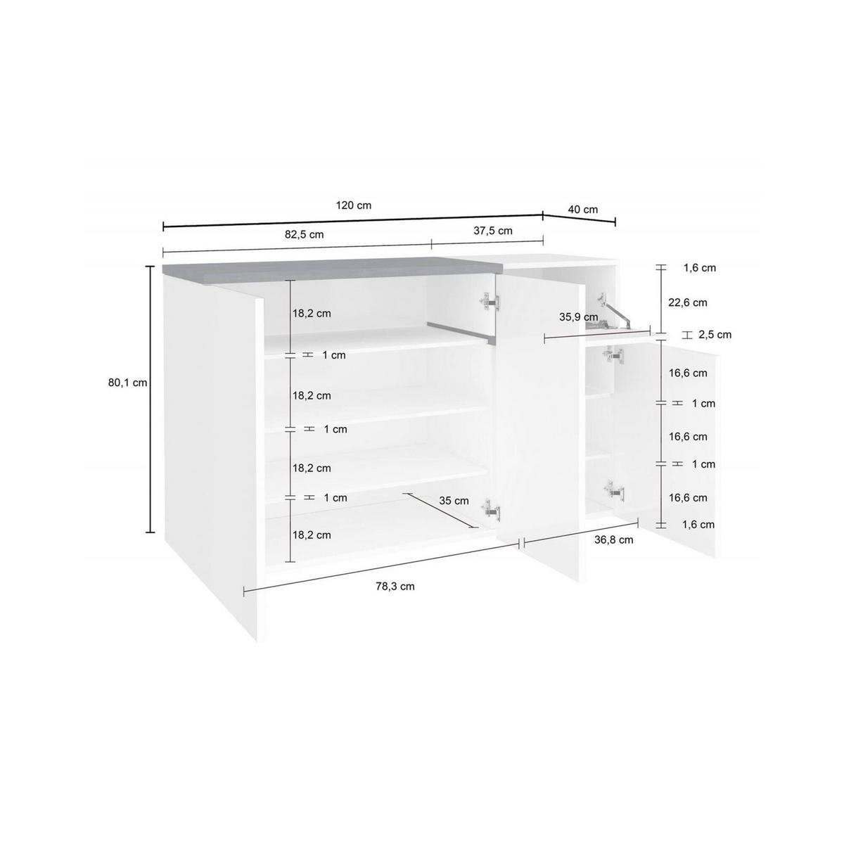 SCHUHSCHRANK Glänzendes Weiß, Schiefer 40/120/80 cm - Schieferfarben/Weiß, Holzwerkstoff (120/80/40cm) - DMORA