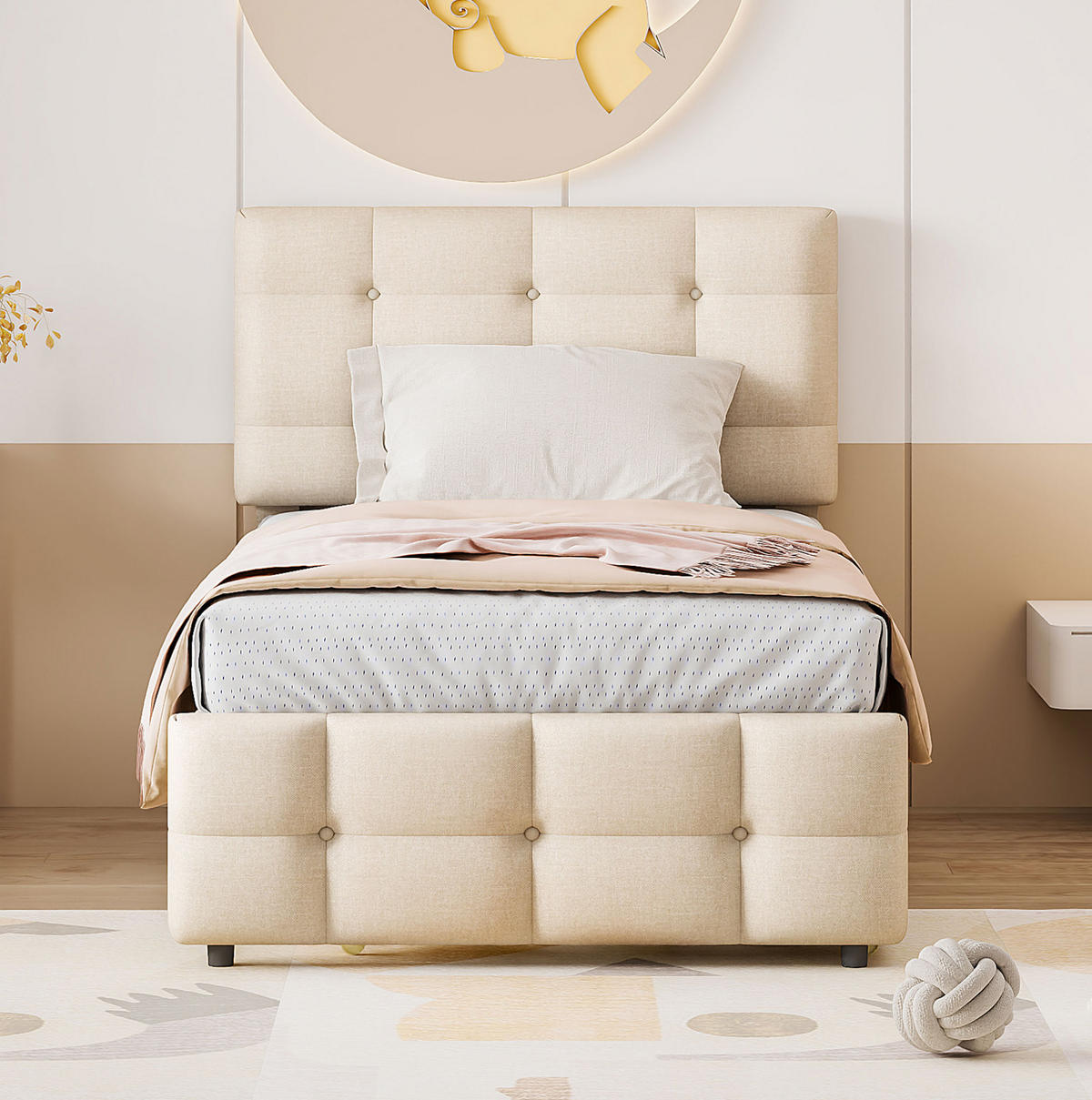 POLSTERBETT 90/200 cm Beige mit Polsterbett und verstellbarem Kopfteil - Beige, Textil (90/200cm) - Flora Grace