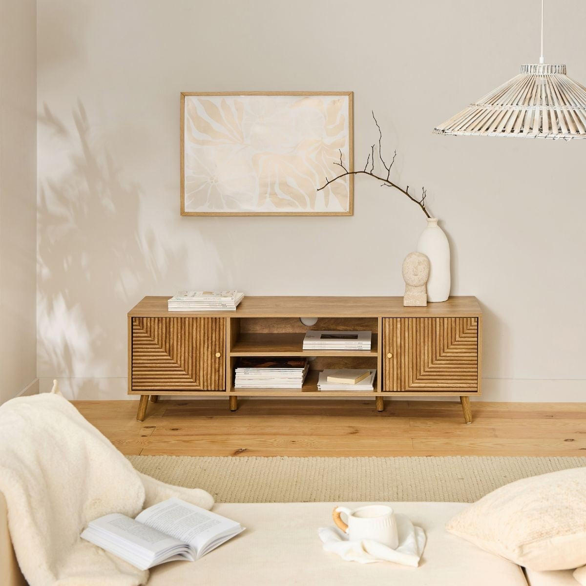 TV-MÖBEL 2 Türen mit Fronten in Lamellenoptik in L-Form Eden 140/40/45 cm - Eschefarben, Holzwerkstoff (40/45/48cm) - Calicosy