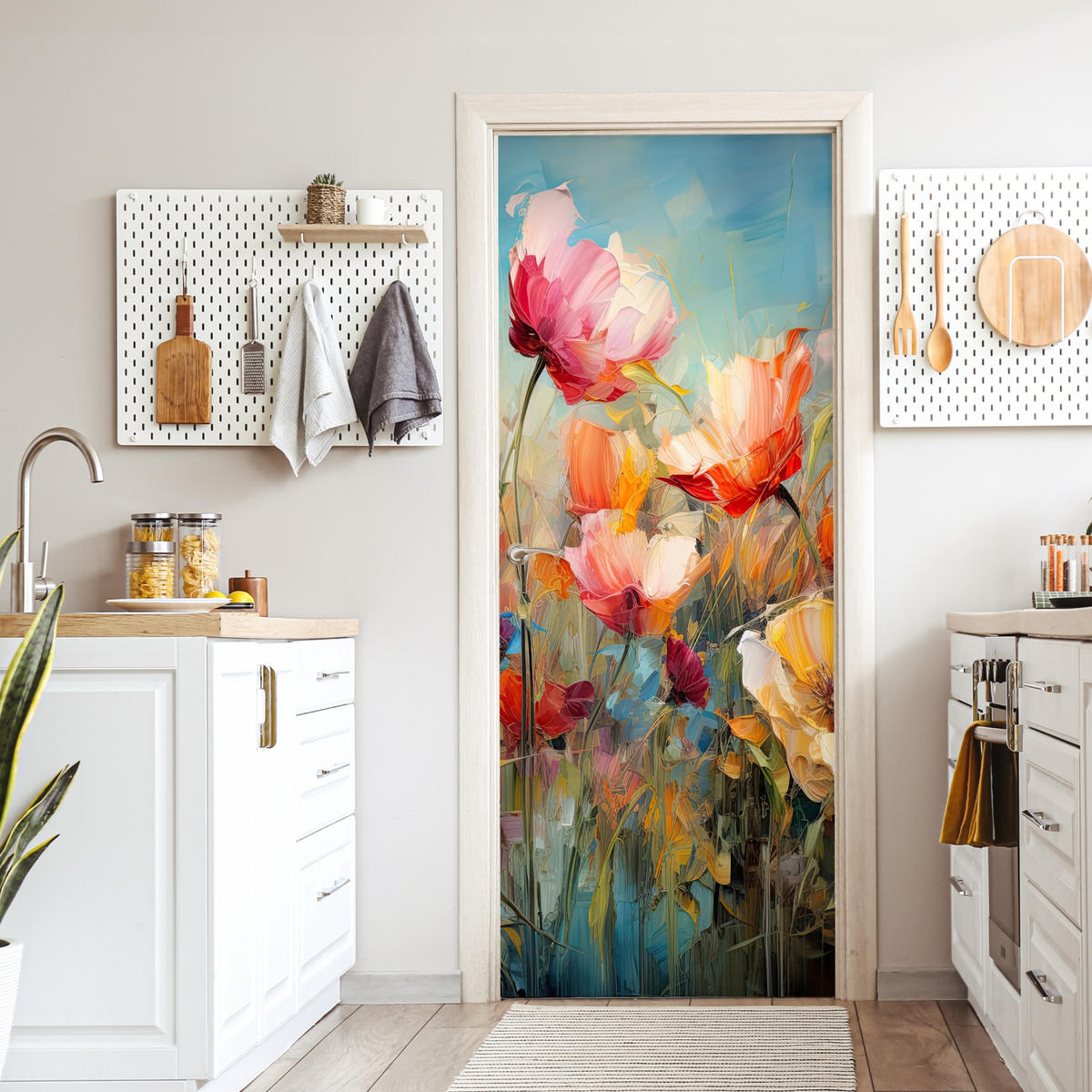 FOTOTAPETE Tür - Blumen - Aquarell - Kunst - Botanisch - Natur 75x205 cm - Orange, Kunststoff (75/0.1cm) - MuchoWow