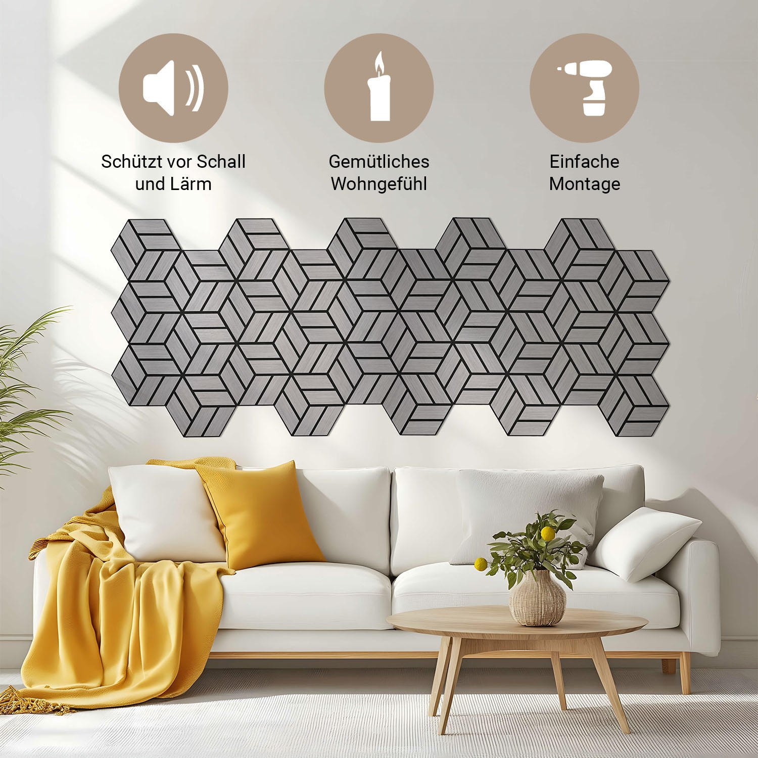 AKUSTIKPANEEL Hexagon Grau 4 Stück - Grau, Holz (30/26/2cm) - Homestyle4u