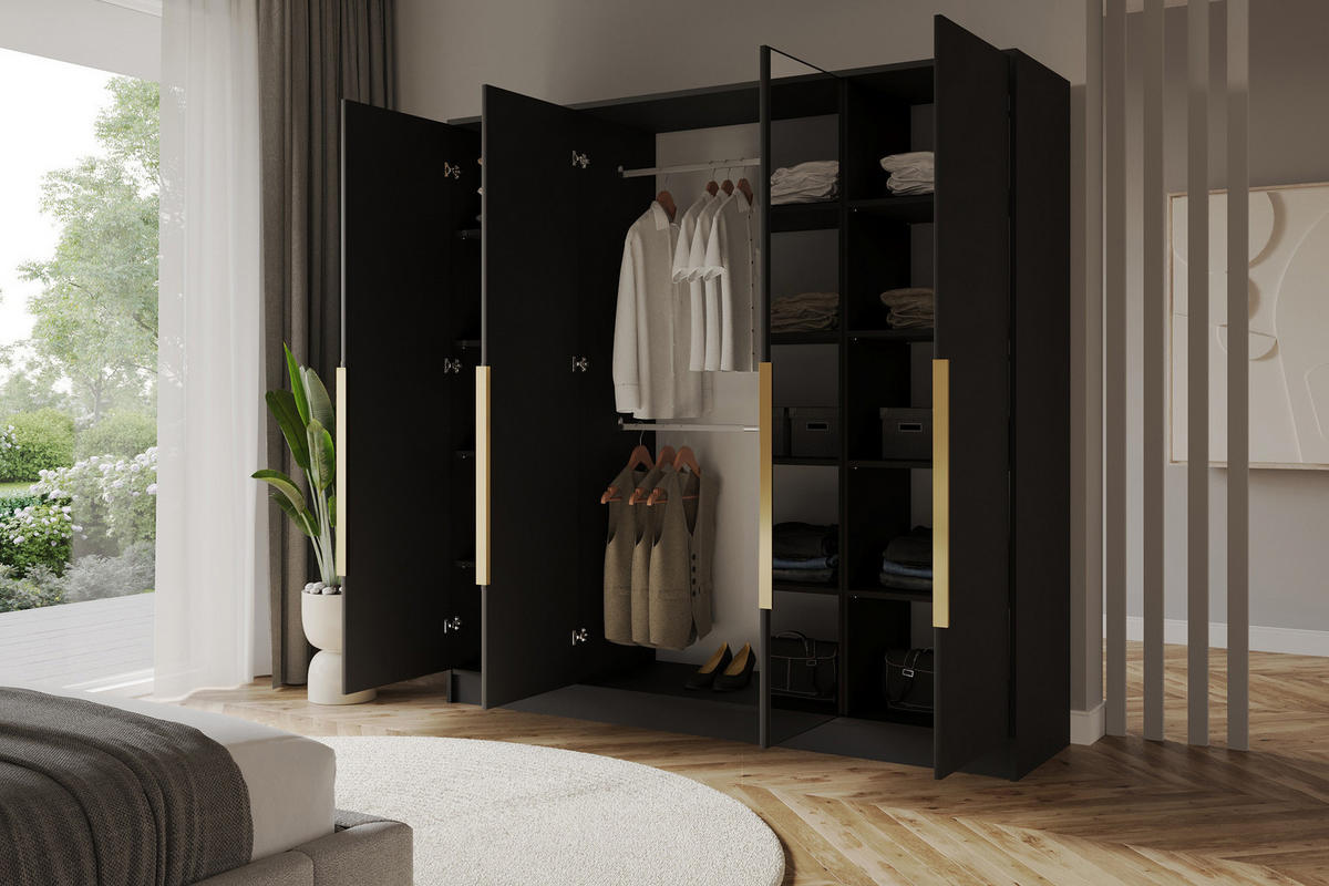 KLEIDERSCHRANK - LUSSO - 200 - Schwarz - Schwarz Hochglanz/Schwarz, Holzwerkstoff (200/200/51cm) - ALTDECOR
