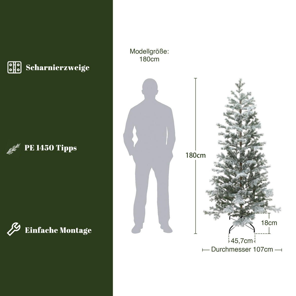 WEIHNACHTSBAUM künstlich 180 cm, 1450 PE-Spitzen, Metallständer - Grün, Kunststoff (107/180cm) - Hometopia