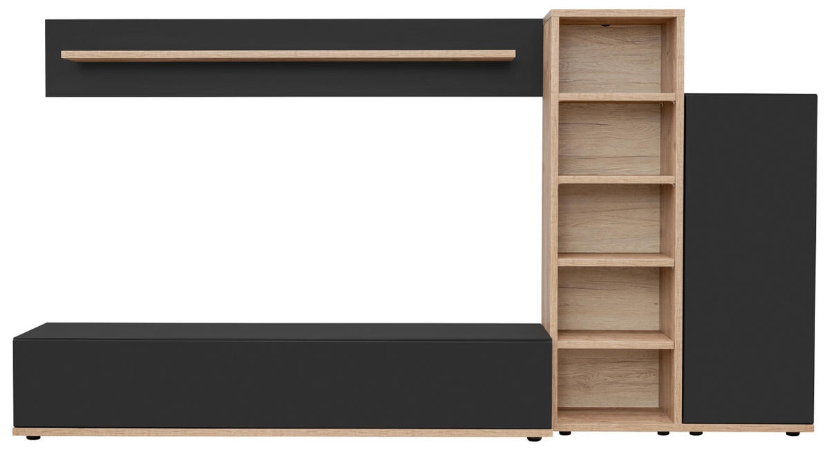 WOHNWAND schwarz, Ribbeck Eiche 240 cm, Schrankwand mit Push-to-Open - Eichefarben/Schwarz, Holzwerkstoff/Kunststoff (240/129/40cm) - Furn.Design