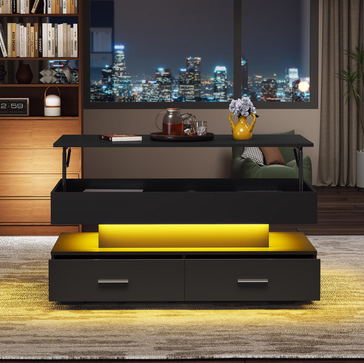 COUCHTISCH höhenverstellbar 100 x 50 x 44 cm Schwarz mit LED und 2 Schubladen - Schwarz, Holzwerkstoff (100/50/44cm) - Meubliv