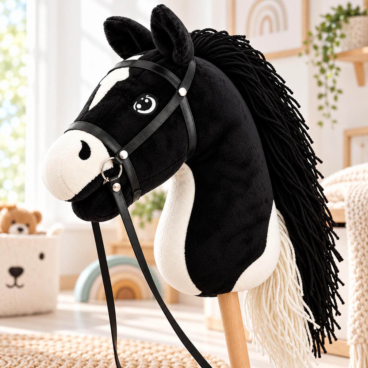 CĂLUȚ Negru pe băț pluș 71 cm cu frâu - negru, material textil/lemn (12/71/29cm) - Relaxdays