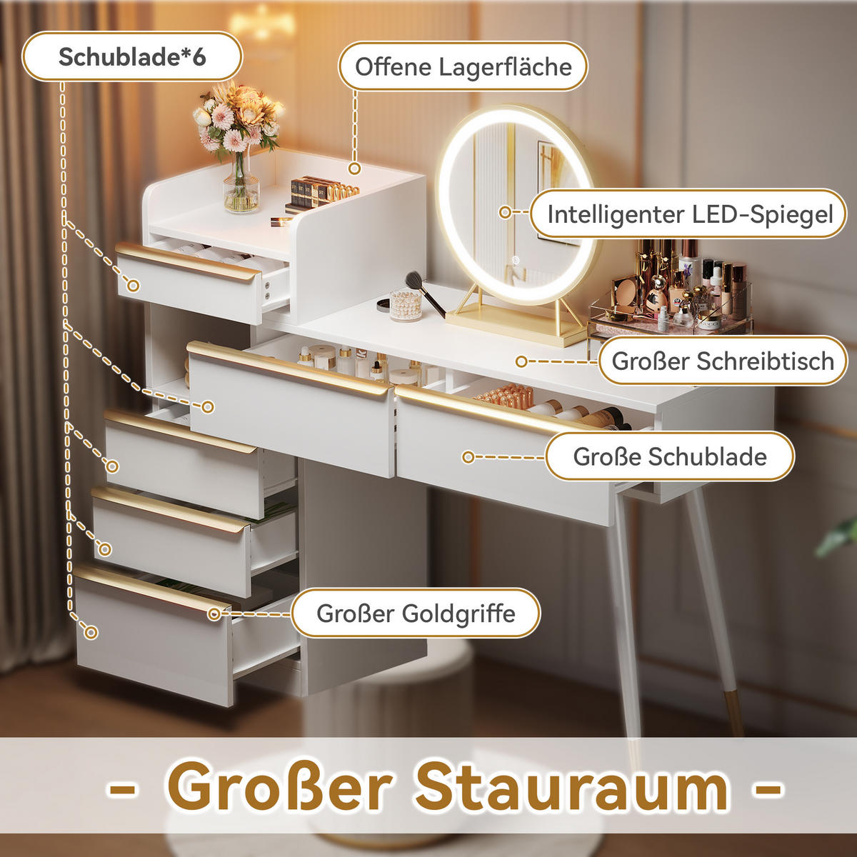 SCHMINKTISCH mit LED-Spiegel, 6 Schubladen & großem Stauraum - Weiß, Holzwerkstoff/Metall (100/102/41.5cm) - Urban Meuble