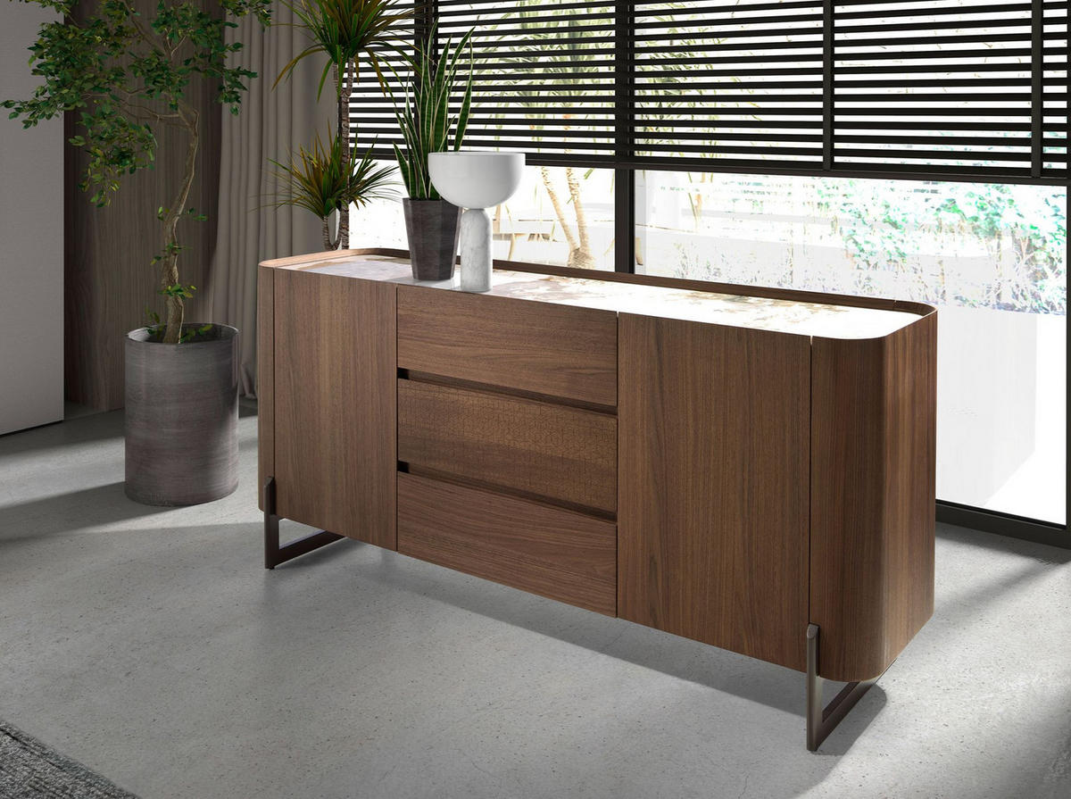 SIDEBOARD Anrichte aus Nussbaum und dunklem metallisiertem Stahl mit Porzellanmarmorplatte 180/45/80 cm - Walnussfarben/Weiß, Holz (180/80/45cm) - ANGEL CERDA