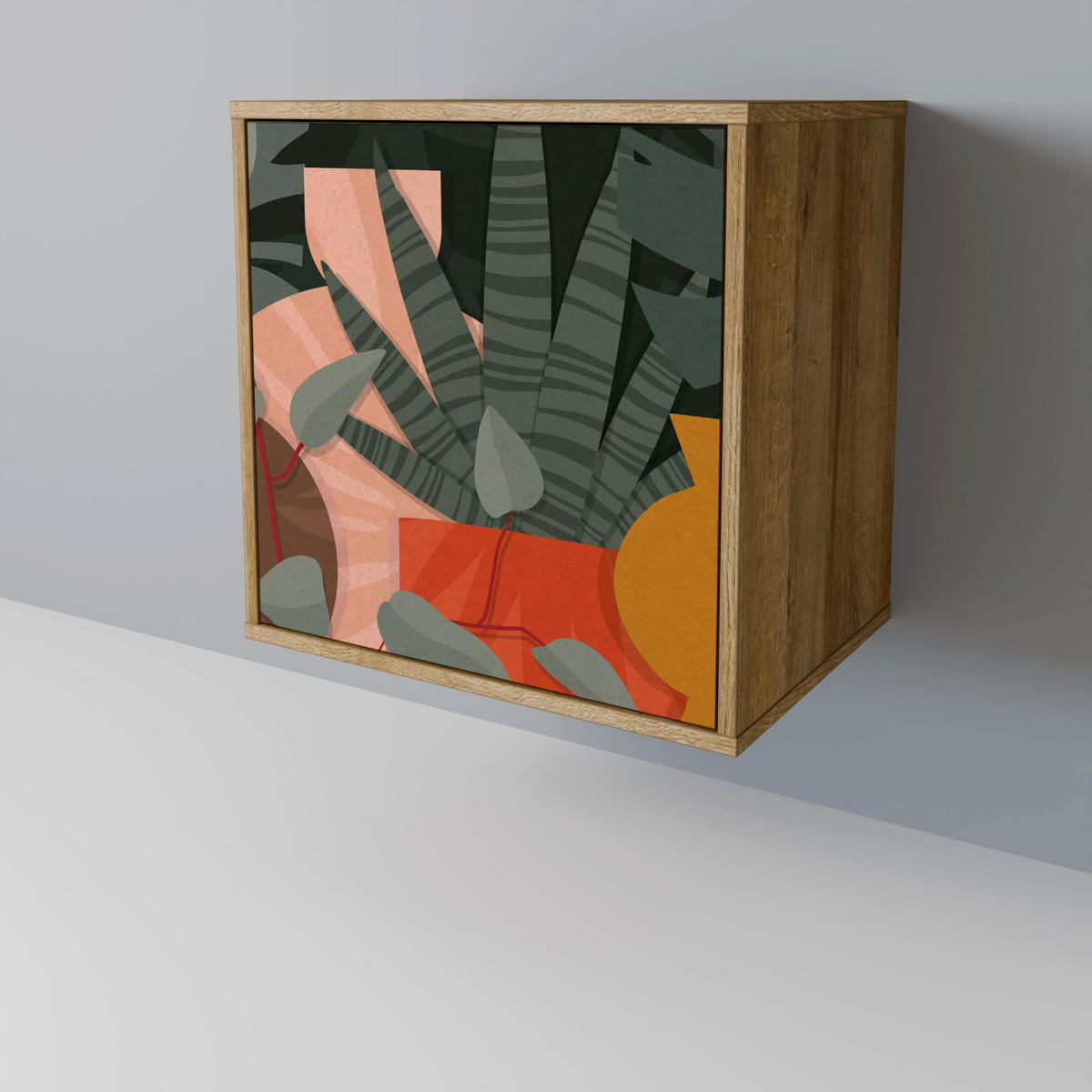 SIDEBOARD TROPICAL COMPOSITION, Eichefarben, 57,5x42x67,5 cm, Schwarze Metall-Rahmenfüße - Eichefarben/Multicolor, Holzwerkstoff/Metall (57.5/67.5/42cm) - SpaceRebels