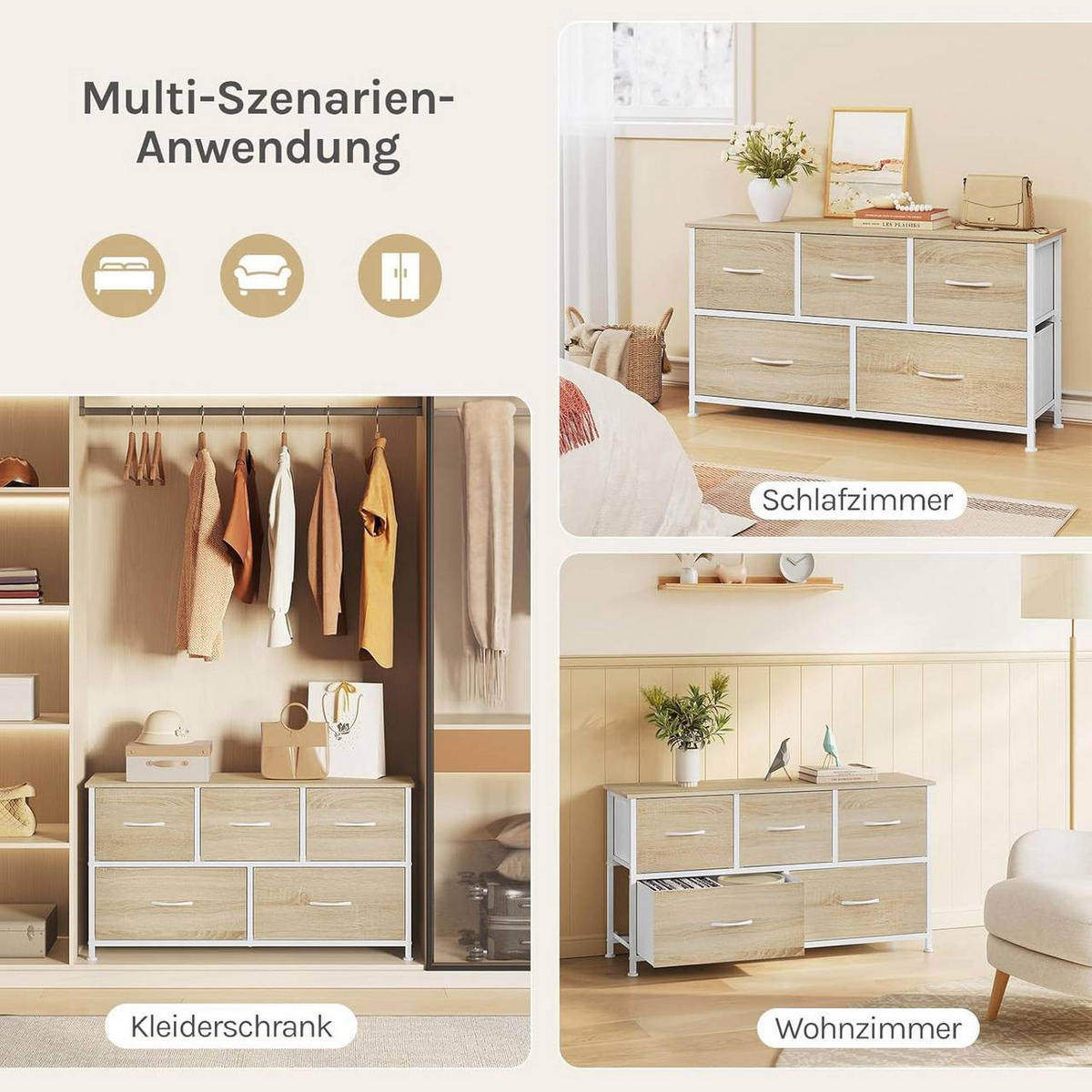 KOMMODENSCHRANK mit 5 Schubladen, Metallrahmen, Helle Eiche + Weiß - Eichefarben/Weiß, Holzwerkstoff/Metall (100/54/30cm) - Woltu