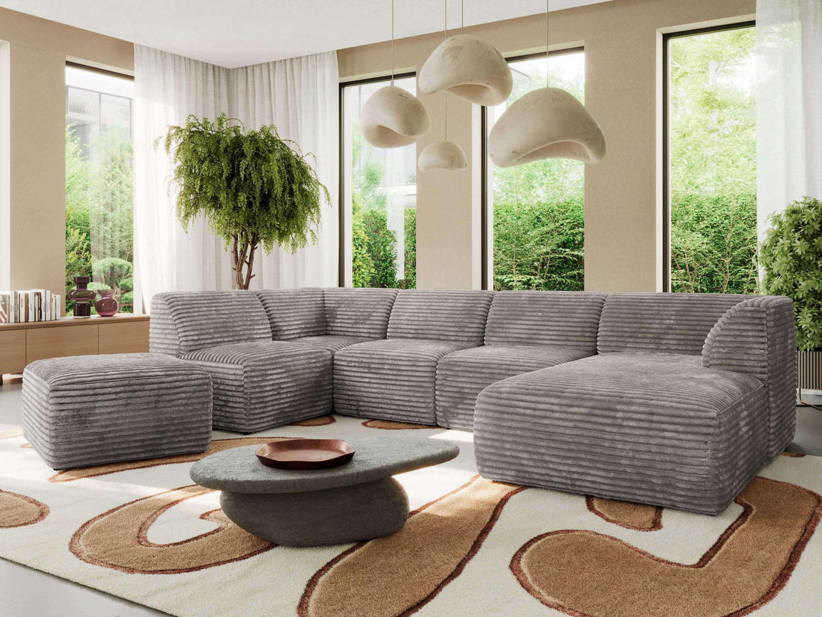 WOHNLANDSCHAFT MODARO U 6M - Hellbraun Cord - Rechts - Hellbraun/Schwarz, Textil (345/78/180cm) - MKS