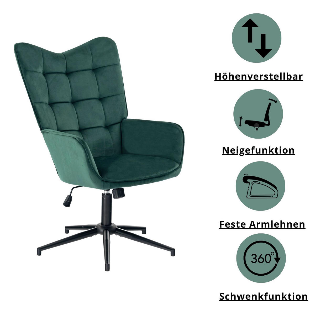 SESSEL höhenverstellbar, Grün Samt - Dunkelgrün/Schwarz, Holz/Textil (70/107/68cm) - Urban Meuble