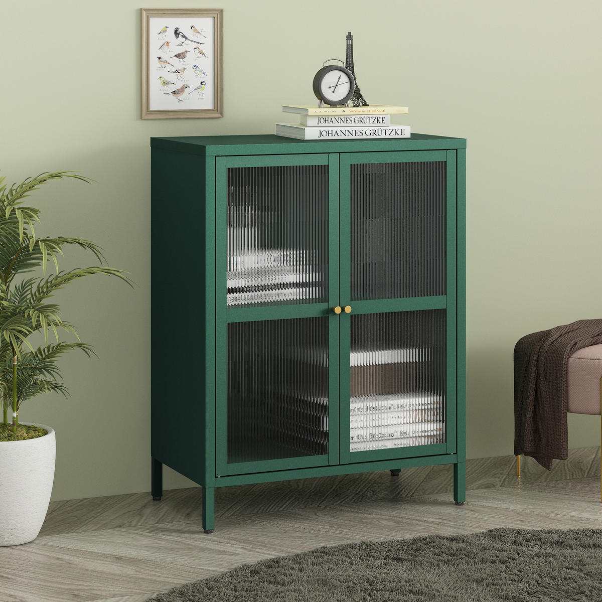VITRINE Säkylä - Dunkelgrün/Transparent, Glas/Metall (64/84/35cm) - [en.casa]