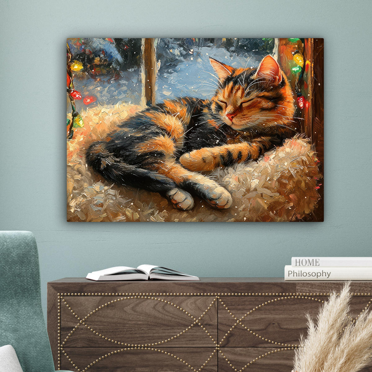 LEINWANDBILD Katze - Weihnachten - Winter - Tier Wandbilder 80x60 cm - Bernsteinfarben, Textil (80/60cm) - MuchoWow