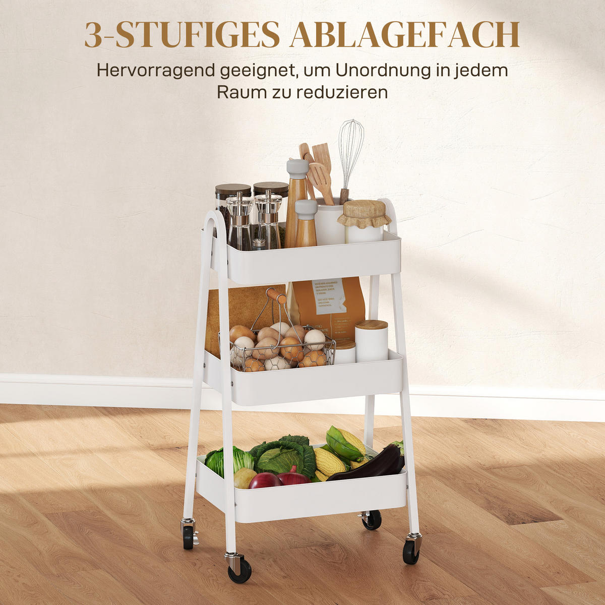 SERVIERWAGEN mit 3 Ebenen Küchenwagen mit Rollen Griff Rollwagen mit Bremse - Weiß, Metall (29.8/74.5/42.4cm) - HOMCOM