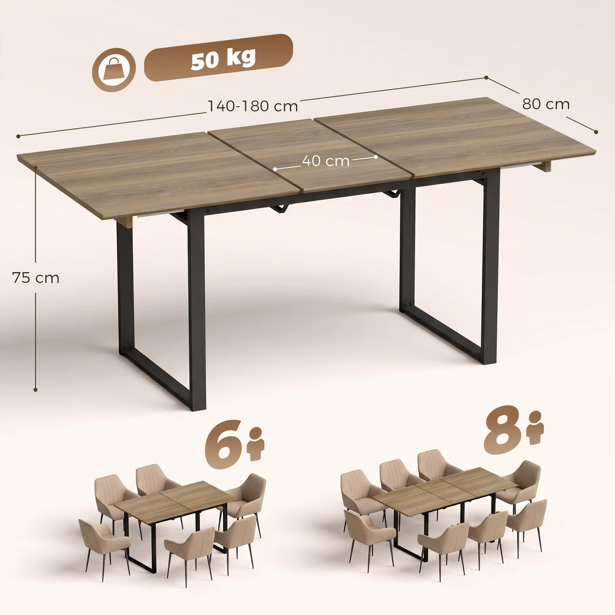 AUSZIEHBARER Esstisch MDF Braun - Schwarz/Braun, Holzwerkstoff (180/80/75cm) - HOMCOM