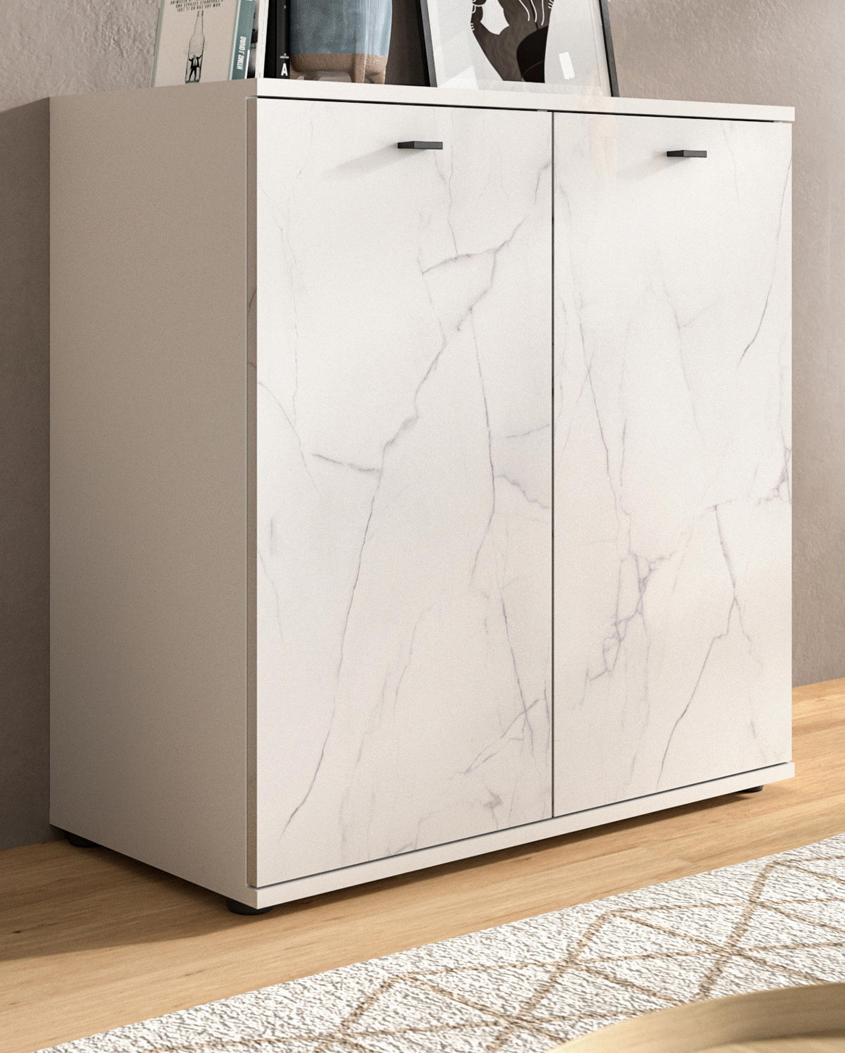 KOMMODE weiß Marmor 86 x 88 cm, Sideboard mit Soft-Close - Schwarz/Weiß, Holzwerkstoff/Kunststoff (86/87/40cm) - Inn.Furn