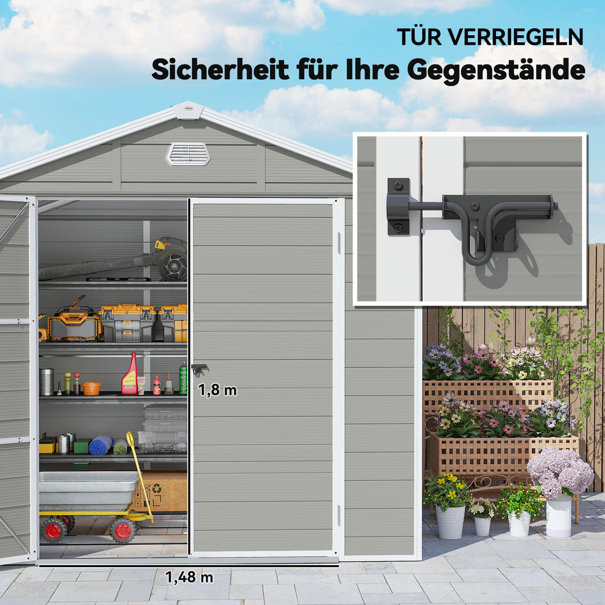 GERÄTEHAUS 4,1m², Geräteschuppen mit Satteldach, 240 x 190 x 228 cm, Kunststoff - Hellgrau, Kunststoff (190/228/240cm) - Outsunny