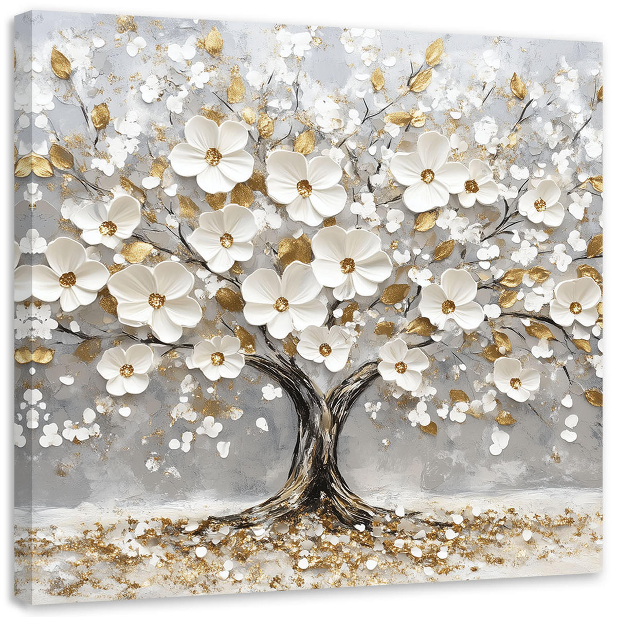 LEINWANDBILD Baum weiße Blumen goldene Blätter 30x30cm - Weiß, Textil (30/30cm) - Feeby