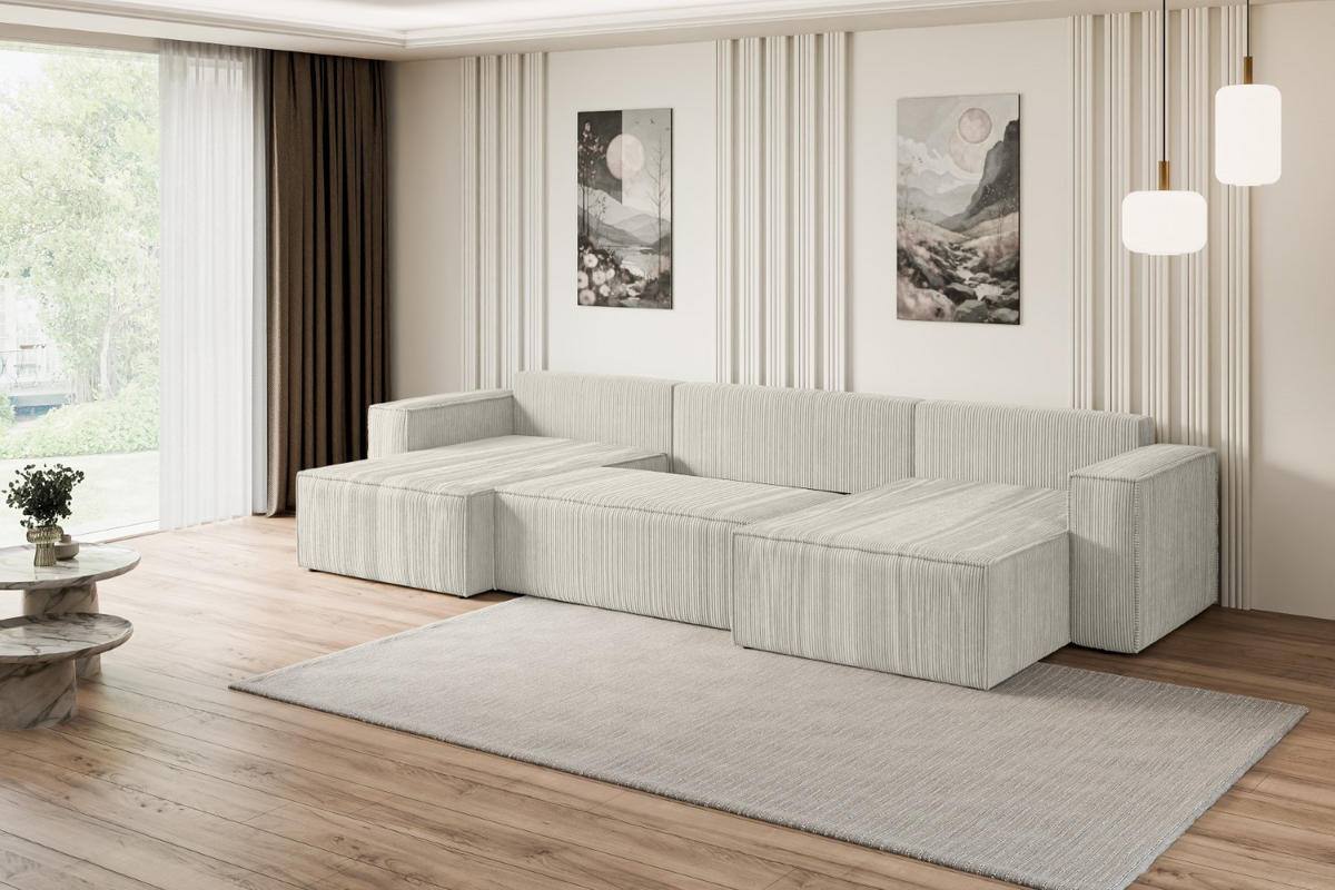 WOHNLANDSCHAFT mit Schlaffunktion und Bettkasten CELTIC-XLU - 377x143x83 cm Creme Cord - Hellgrau/Creme, Holzwerkstoff/Kunststoff (377/83/143cm) - ALTDECOR