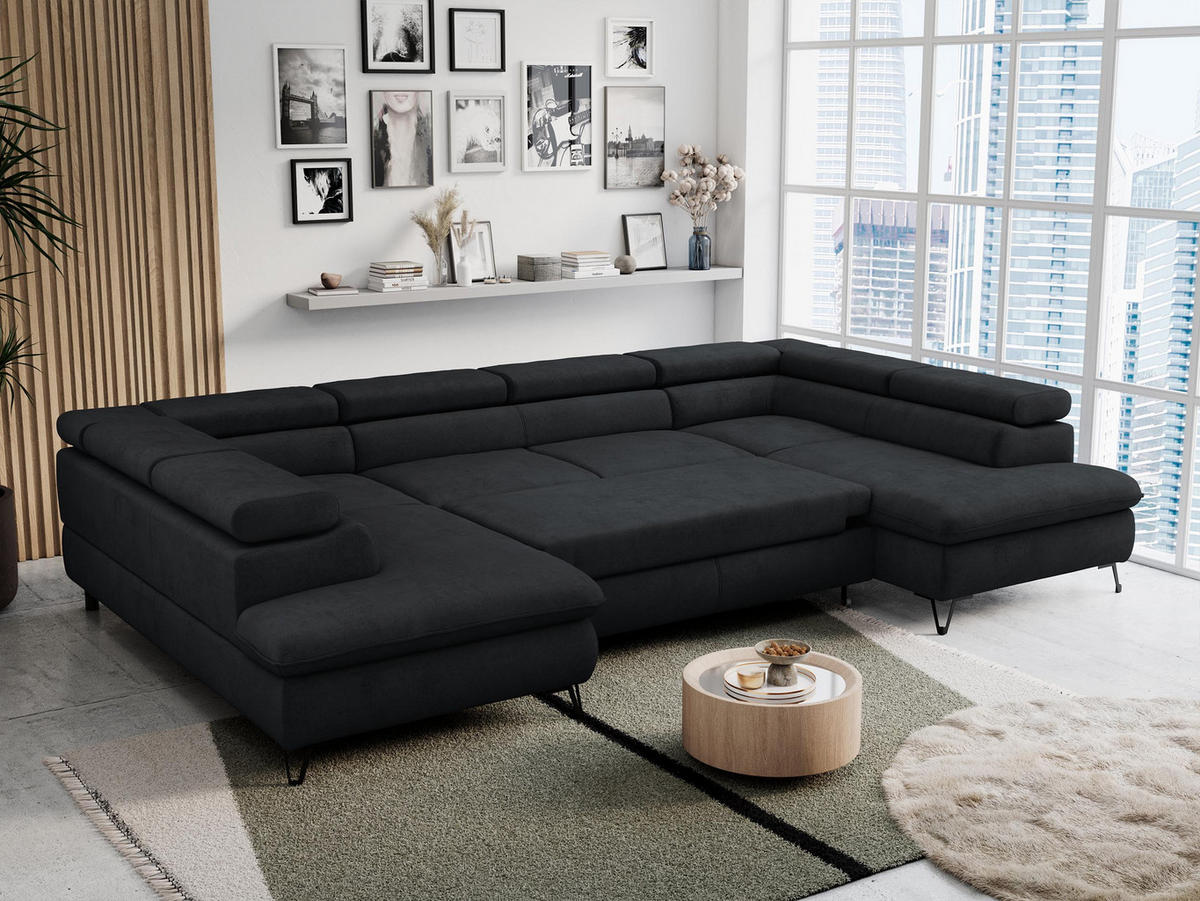 WOHNLANDSCHAFT PETER U Samt Schwarz - Schwarz, Textil/Metall (346/76/208cm) - MKS