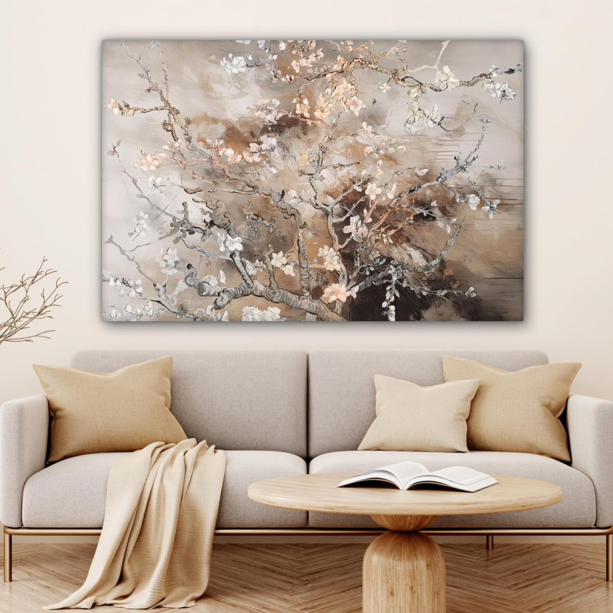 LEINWANDBILD Mandelblüte - Kunst - Van Gogh - Beige - Abstrakt Wohnzimmer Groß 120x80 cm - Braun, Textil (120/80cm) - MuchoWow