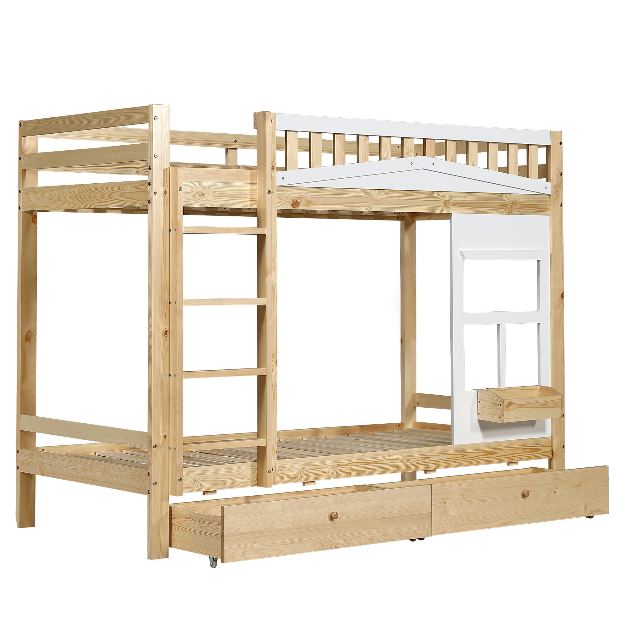 ETAGENBETT 90x200cm，Zwei Schubladen mit Rollen，Weiß+Natur - Naturfarben, Holz (90/200cm) - KOMHTOM