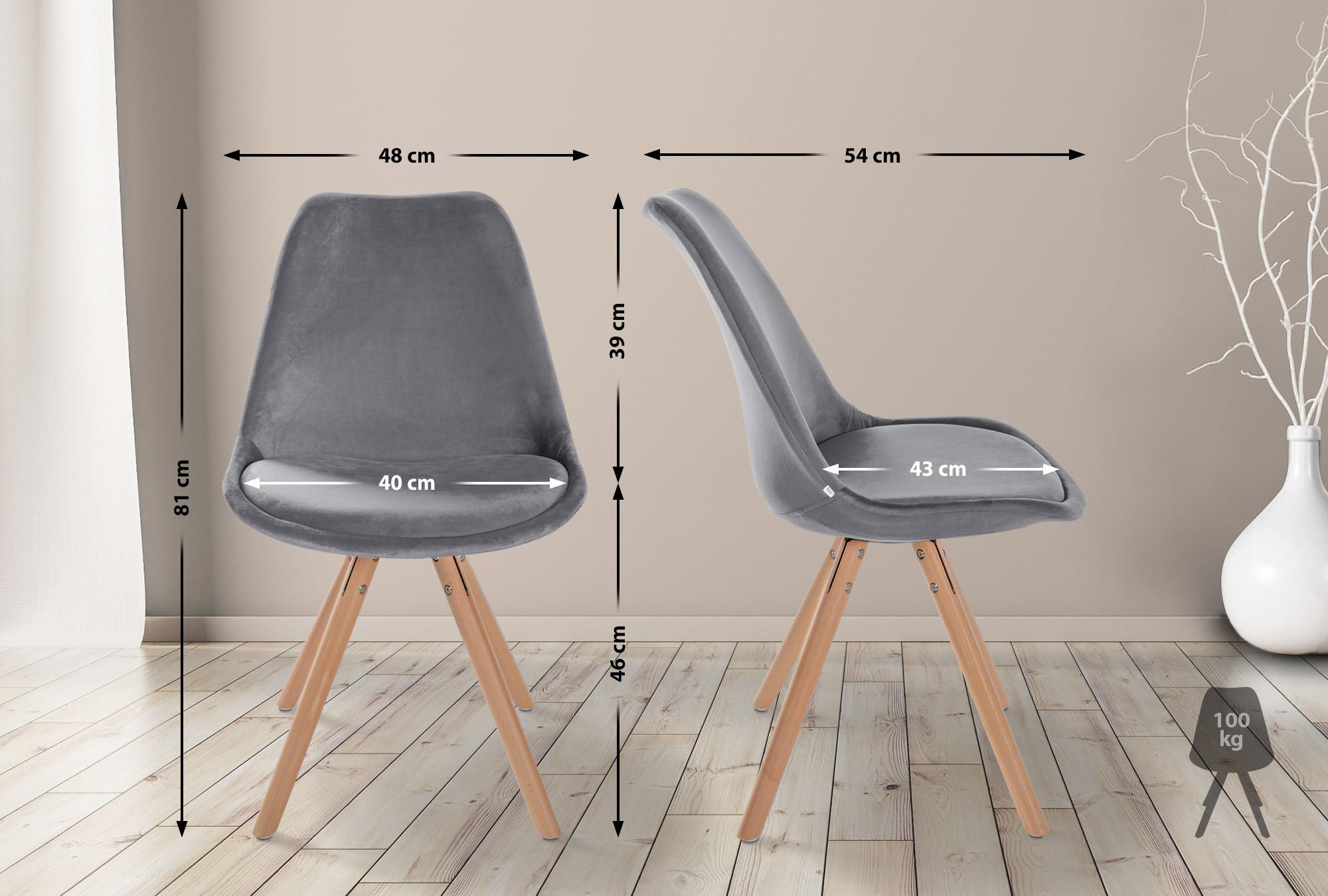 STUHL 4er Set Samt grau - Eukalyptusholzfarben/Grau, Holz/Textil (48/81/54cm) - CLP