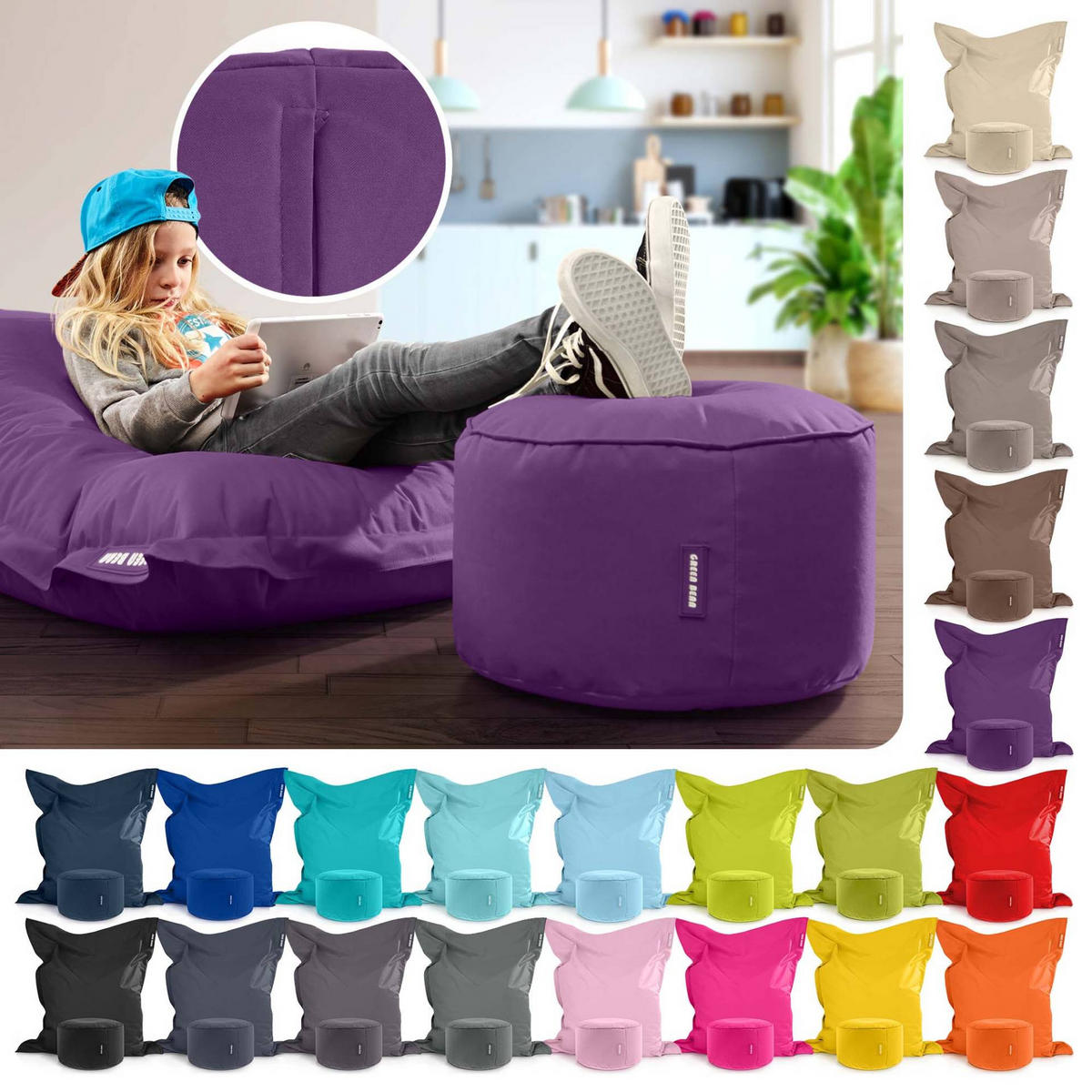 XXL-SITZSACK + Pouf 2er Set - 140x180cm - Lila, Textil (140/25/180cm) - Green Bean