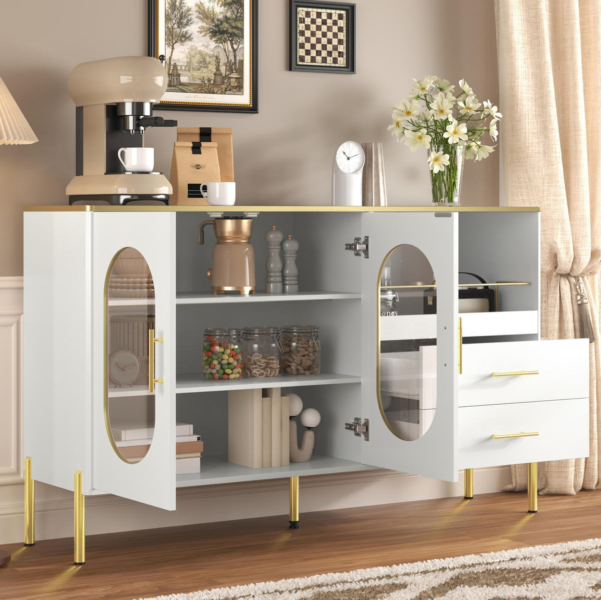 SIDEBOARD in Weiß mit goldenen Griffen und Beinen, 2 Schubladen und 2 Glastüren, 140/38/90 cm, Weiß - Weiß, Holzwerkstoff (120/90/38cm) - Redom