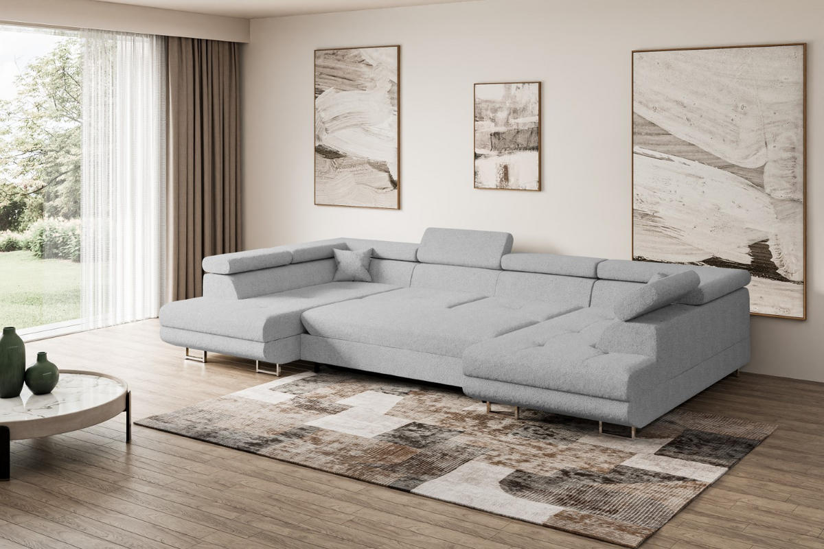 WOHNLANDSCHAFT mit Schlaffunktion und Bettkasten GUSA-U 342x202x107 cm Hellgrau Bouclé - Silberfarben/Hellgrau, Holzwerkstoff/Textil (342/107/202cm) - ALTDECOR