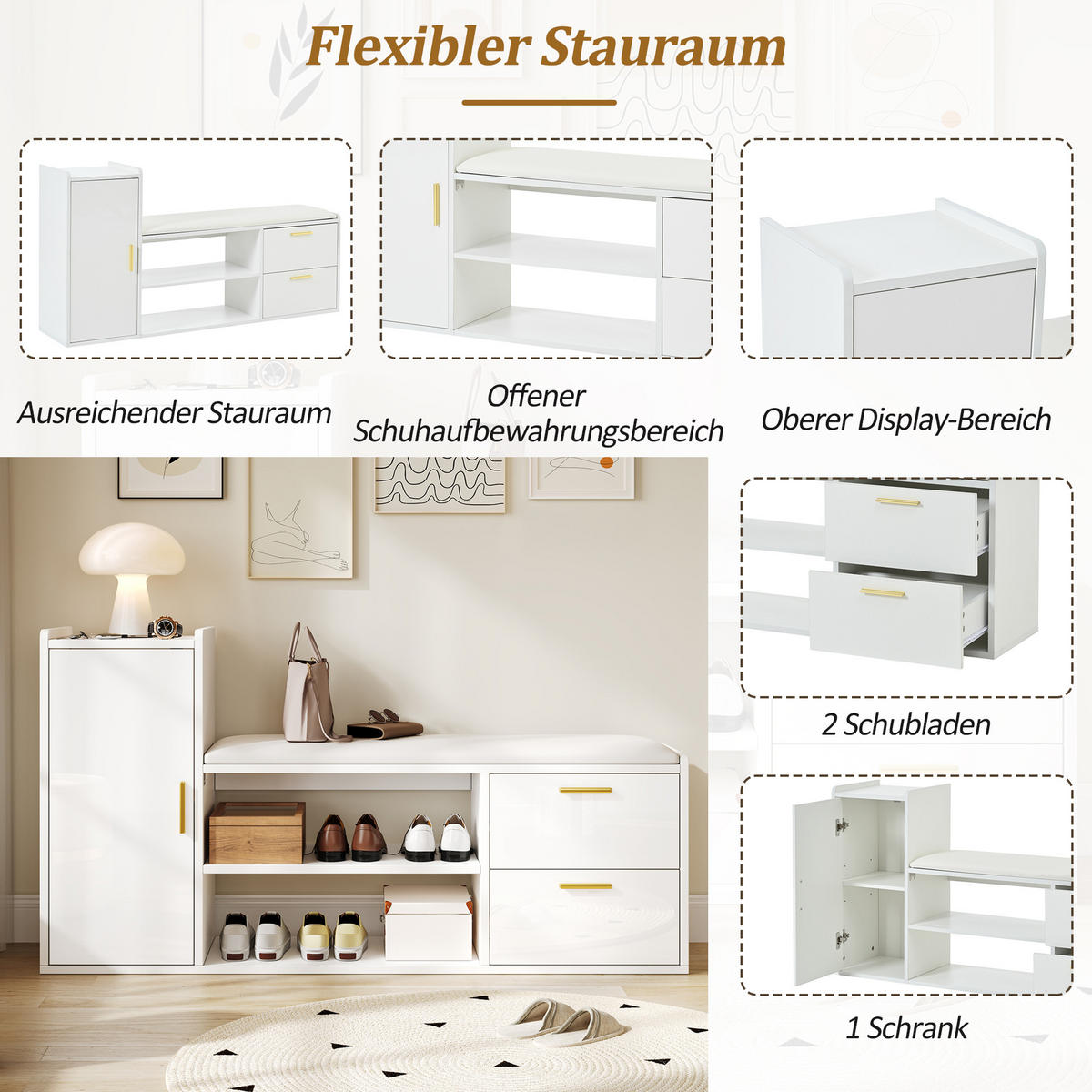 SCHUHSCHRANK Weiß Hochglanz 2 Schubladen 128x30x68cm Sitzbank - Weiß, Holzwerkstoff (30/68/128cm) - FLIEKS