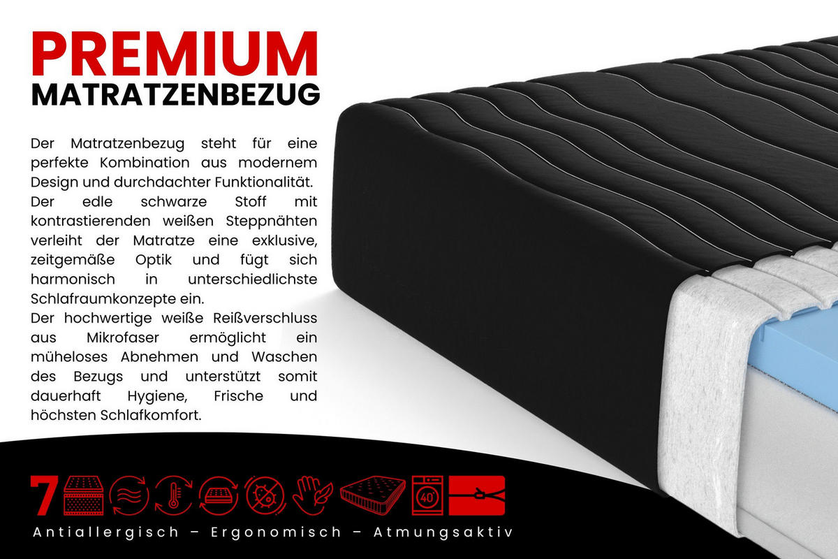 TASCHENFEDERKERNMATRATZE PREMIUM 7 Zonen mit Würfelschnitt-Polyurethanschaum 80/200/20 Schwarz H3 - Schwarz, Textil (80/200cm) - Deine Möbel 24