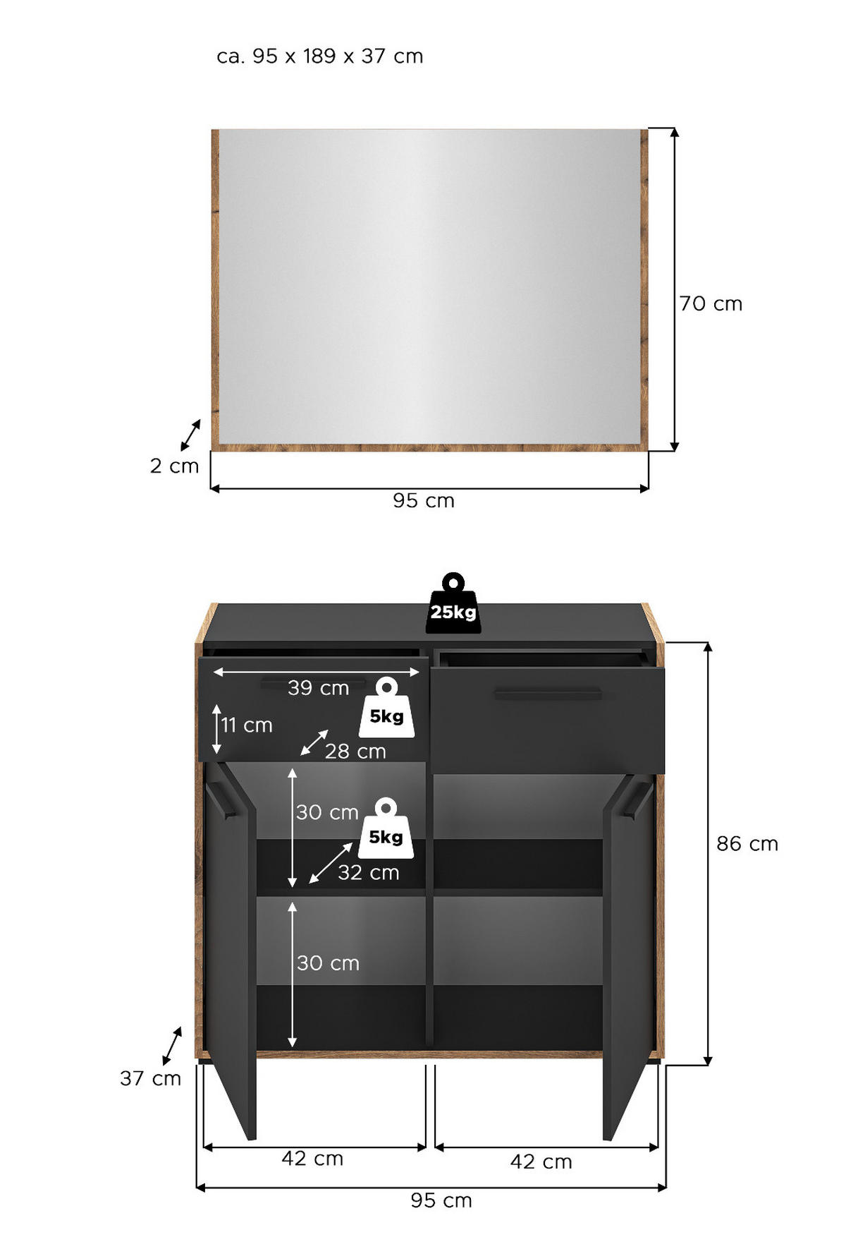 GARDEROBE-SET grau und Nox Eiche, Garderobenkombination 2-teilig, 95 x 189 cm, Salud - Dunkelgrau/Eichefarben, Holzwerkstoff/Kunststoff (95/189/37cm) - Inn.Furn
