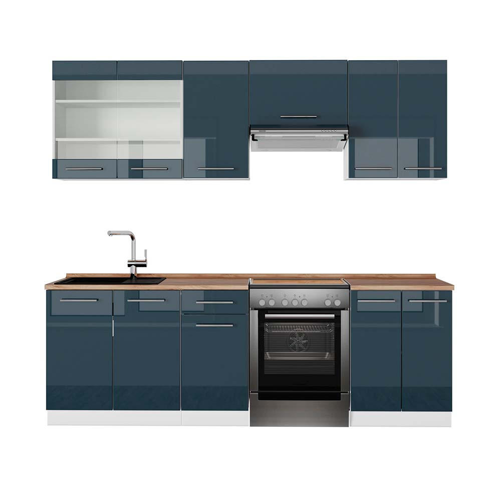 KÜCHENZEILE Fame-Line Dunkelblau Hochglanz/Weiß 240 cm, AP Eiche - Dunkelblau/Weiß, Holzwerkstoff (240/81.6/60cm) - Vicco