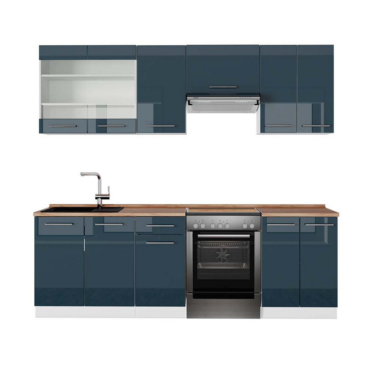 KÜCHENZEILE Fame-Line Dunkelblau Hochglanz/Weiß 240 cm, AP Eiche - Dunkelblau/Weiß, Holzwerkstoff (240/81.6/60cm) - Vicco