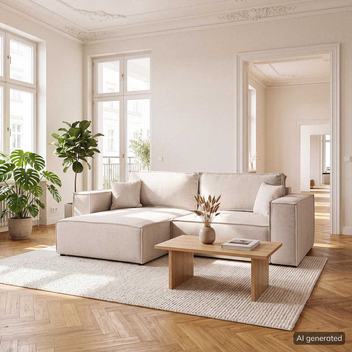 ECKSOFA mit Schlaffunktion - 255 cm - Beige/Schwarz, Kunststoff/Textil (255/148cm) - home24