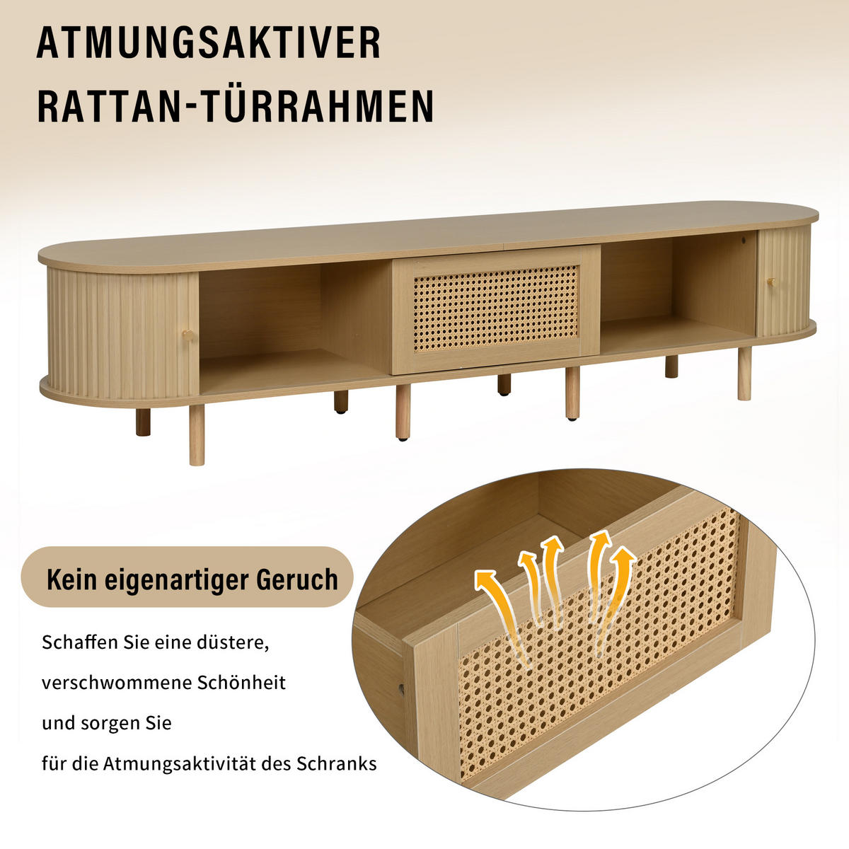 LOWBOARD Holzoptik Rattan Oval mit Schiebetür & Schublade für 75 Zoll TV - Naturfarben, Holzwerkstoff (180/40/40cm) - Urban Meuble