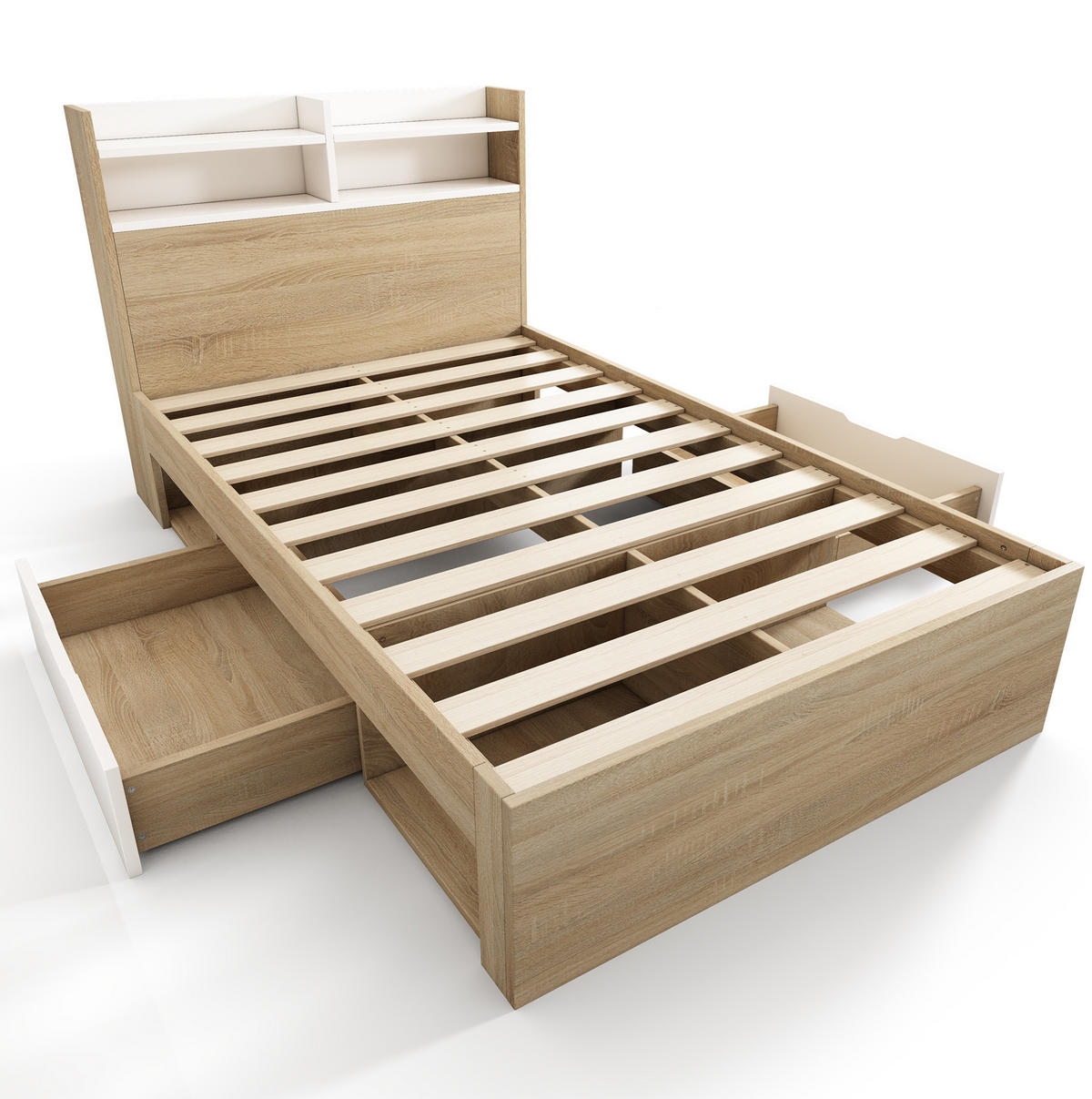 JEDNOLŮŽKO 90/200 cm bílá/dub z dřeva s úložným čelem, zásuvkami a policemi - bílá, kompozitní dřevo (90/200cm) - OKWISH