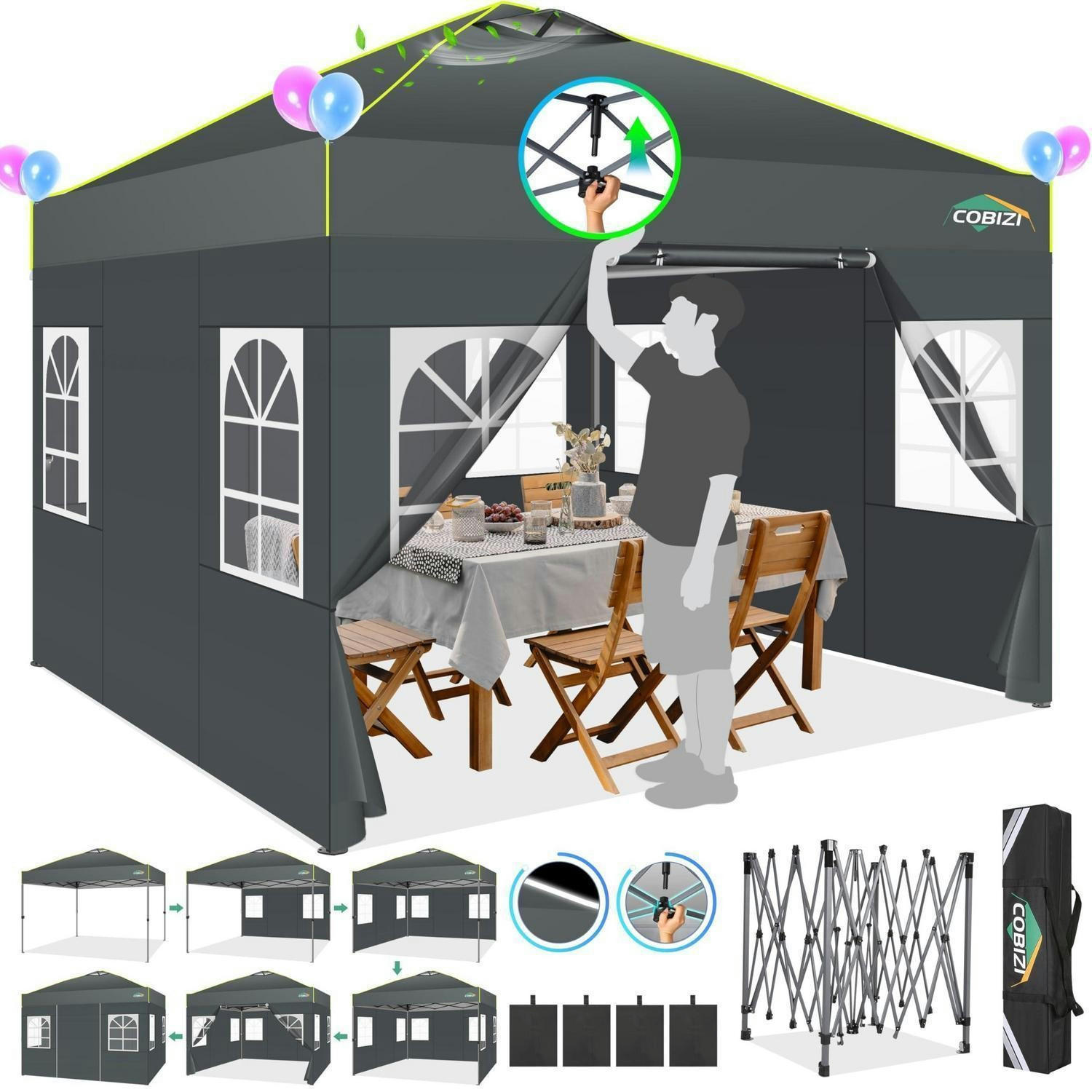FALTPAVILLON 3x3m Grau Wasserdicht mit Seitenwänden - Grau, Textil (300/298/300cm)