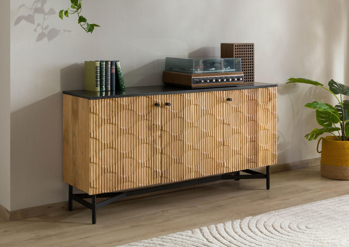 SIDEBOARD Akazie 150x40x76 natur lackiert / Marmor schwarz LONDON #100 - Braun, Holz (150/76/40cm) - Massivmoebel24