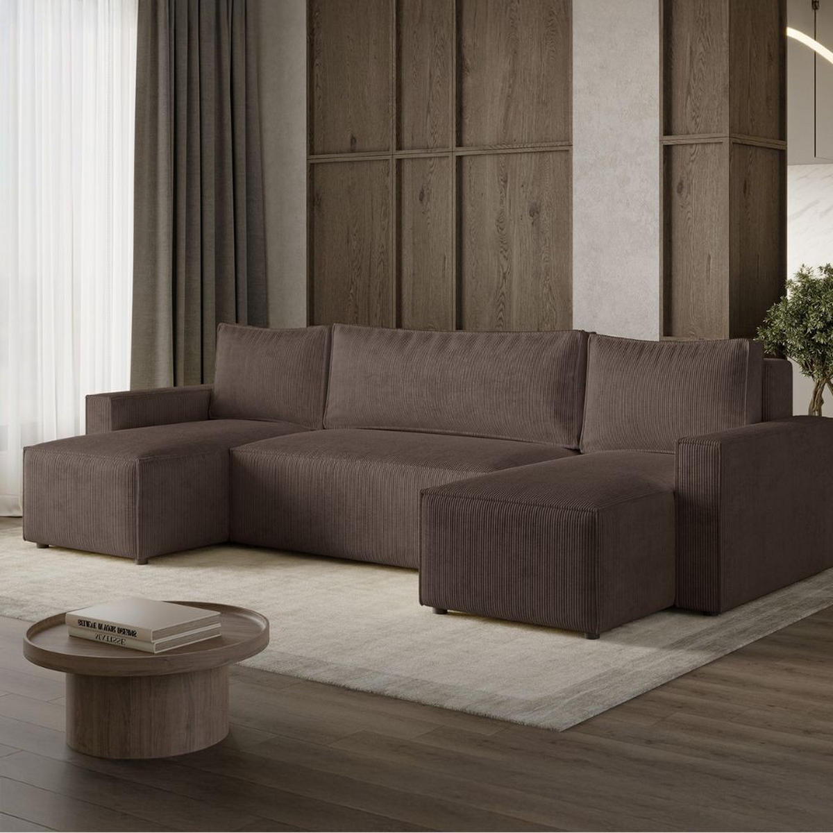 ECKSOFA LIVIO U mit Schlaffunktion und Bettkasten – Moderne Wohnlandschaft in U-Form (POSO 06) - Braun, Holz (300/90/142cm) - Dekori_Interiors