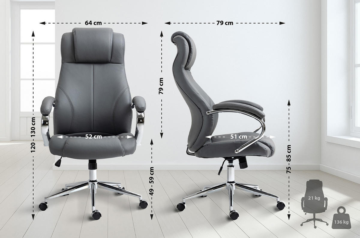 BÜROSTUHL Kyron Echtleder grau - Chromfarben/Grau, Leder/Metall (64/130/79cm) - TPFLiving